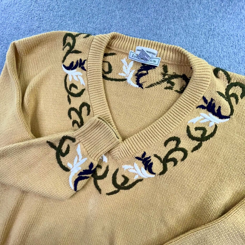 VTG Izod Club Hand Embroidered V-Neck Cotton Sweater Womens Size M Grannycore